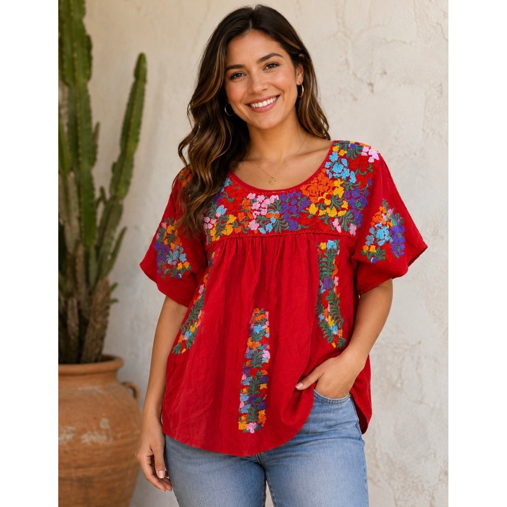 J. Marie Red Floral Embroidered Peasant Blouse Short Sleeve Boho Top Small